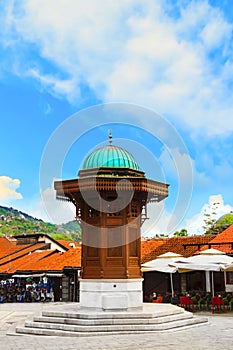 Bascarsija square with Sebili Brunen fountain in Old Town Sarajevo, capital city of Bosnia and Herzegovina