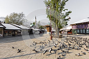 Bascarsija square with Sebilj wooden fountain in Old Town Sarajevo, capital city of Bosnia and Herzegovina