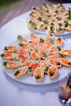 Basckets with red caviar served on white plates