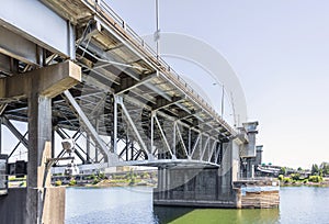 Bascule Morrison Bridge across Willamette River in Portland Down Town