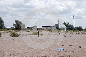 The base of inflatable boats on the shore of the Azov Sea.