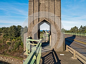 The base of the north pylon on the Yaquina Bay Bridge in Newport, Oregon, USA