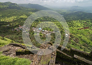 Base village Lohagadwadi seen from Lohagad Fort,Lonavala,Maharashtra,India