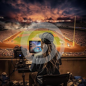 baseball announcer looking towards the game