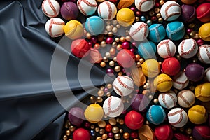 Baseball background. Close-up view of many different sport balls. with copy space