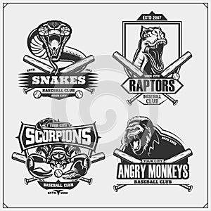 Baseball badges, labels and design elements. Sport club emblems with lion, cobra, raptor dinosaur and scorpion.