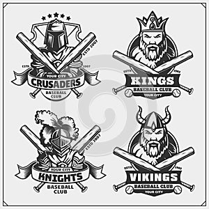 Baseball badges, labels and design elements. Sport club emblems with viking, king, knight and crusader.