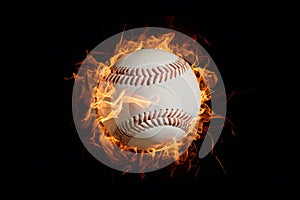 Baseball ball ablaze against black backdrop, capturing the intensity and excitement of the sport