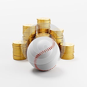 Baseball Ball ahead of Stacks of Coins on Light Gray Background