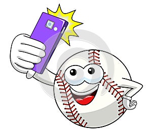 Baseball ball character mascot cartoon vector taking selfie shot smartphone isolated