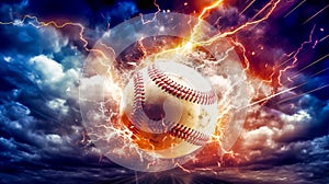 baseball ball in a colorful explosion of fire energy and movement in sky, sports performance, made with Generative AI