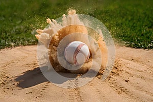 Baseball ball in dry sand explosion on the pitchers mound photo, symbolizing the intensity of baseball games