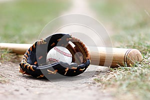 Baseball ball with glove and bat