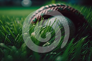 baseball ball in a glove on the green grass of the lawn stadion Generative AI