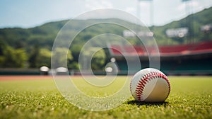 Baseball ball on green grass field with sunlight background and copy space