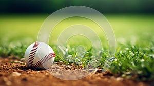 Baseball ball on green grass field with sunlight background and copy space