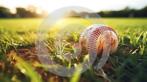Baseball ball on green grass field with sunlight background and copy space