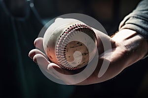 Baseball ball in hand. Generative AI.