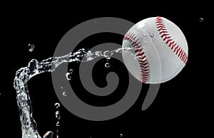 Baseball ball hit water and splash in air. Baseball ball fly in rain and splatter splash in droplet water. Black background