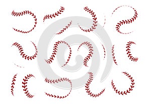 Baseball ball lace. Realistic softball stroke lines for sport logo and banners. Vector set isolated on white