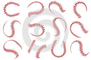 Baseball ball lace. Softball balls with red threads stitches graphic elements, spherical stroke lines leather sport