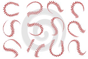 Baseball ball lace. Softball balls with red threads stitches graphic elements, spherical stroke lines leather sport photo