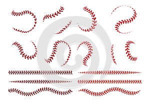 Baseball ball lace. Spherical curve and straight red stroke lines of softball ball. Vector graphic elements for sport