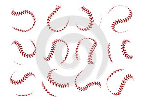 Baseball ball lace. Spherical softball realistic 3D red stroke lines for sport logos and banners. Vector isolated design