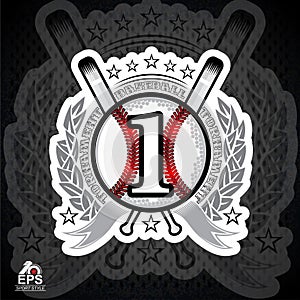 Baseball ball with number one and cross bats. Sport logo