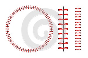 Baseball ball stitches, red lace seam isolated on background.