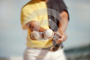 Baseball, baseball player and black man hit ball on field in match, game or competition. Fitness, sports and closeup of