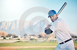 Baseball bat, athlete portrait and field of a professional player from Dominican Republic outdoor. Sport game, fitness