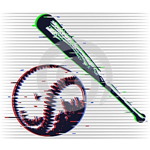 Baseball bat and ball. Distorted picture with noise