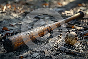 Baseball bat and ball on the field