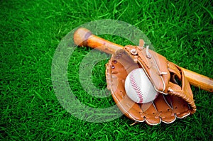 Baseball bat, ball and glove