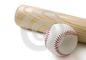 Baseball bat and baseball on white