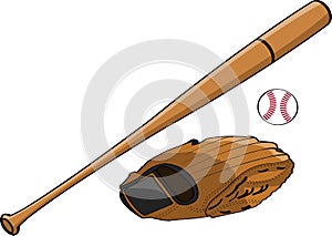 Baseball bat, glove and ball