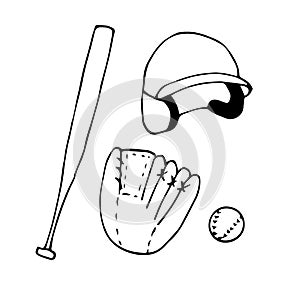 Baseball bat glove ball and helmet vector illustration, hand drawing doodle