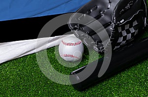 Baseball bat, glove and ball near Estonia flag on green grass background