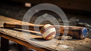 Baseball Bat And Gloves Resting On A Dugout Bench. Generative AI