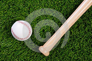 Baseball and bat on grass