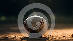 Baseball bat hits ball, igniting flame in competitive sport dusk generated by AI
