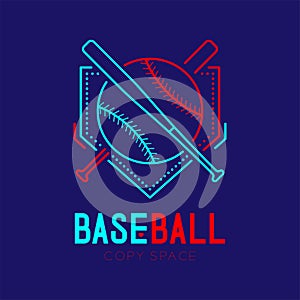 Baseball with bat and home plate logo icon outline stroke set dash line design illustration