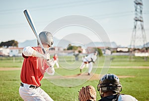 Baseball, bat and homerun with a sports man outdoor, playing a competitive game during summer. Fitness, health and photo