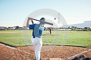 Baseball, bat and person swing at ball outdoor on a pitch for sports, performance and competition. Behind athlete or