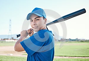 Baseball, bat and portrait of a sports person outdoor on a pitch for performance and competition. Professional athlete