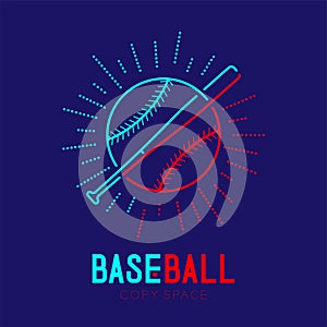 Baseball with bat and radius frame logo icon outline stroke set dash line design illustration