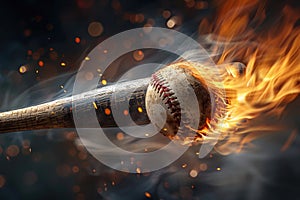 baseball bat shattered by swinging at a baseball the form of an burn on fire in mid air.