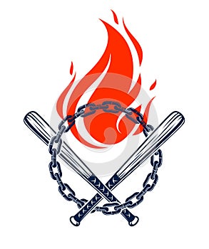 Baseball bats and flames of fire vector emblem isolated on white.