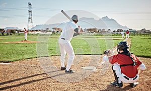 Baseball batter, game or sports man on field at competition, training match on a stadium pitch. Softball exercise